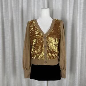Express Cardigan Sweater Womens Medium Gold Sequin Button Front Puff Sleeve